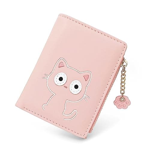 Image of SNCCJ Cute Wallets for Women, Bifold RFID Blocking Small Womens Wallet with Zipper Coin Pocket (Pink Embroidered Cat)