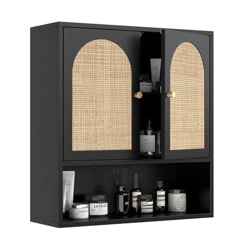 Image of Bonnlo Black Bathroom Wall Cabinet, Wooden Storage Cupboard with 2 Rattan Doors and Open Shelf, Bamboo Wall Mounted Medicine Cabinet for Living Room, Kitchen, Entryway