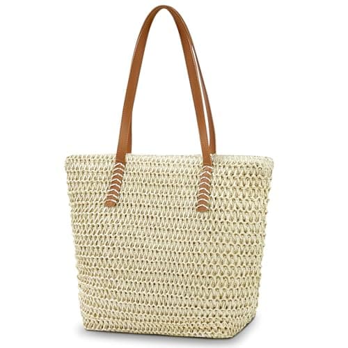 Image of Aucuu Straw Shoulder Bag, Straw Bag for Women, Beach Bag, Large Zippered Handbag Tote Bag, Bohemian Summer Handheld Shoulder Bag for Outdoor Travel and Beach (Off White)