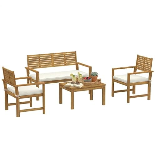 Image of Outsunny 4 Seater Wooden Garden Furniture Set with Loveseat, 2 Armchairs, Wood-Top Table, Acacia Wood Garden Sofa Set with Cushions, Outdoor Furniture Conversation Sets, Cream White