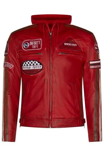 Image of Mens Red Leather Biker Hood Racing Moto Jacket 4XL
