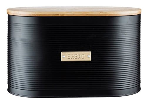 Image of Typhoon Retro Sleek Design Embossed Stripe Stainless Steel Tea Coffee Sugar Cookie Bread Bin Storage Jar Canister Wooden Bamboo Lid Otto Black (Bread Bin)