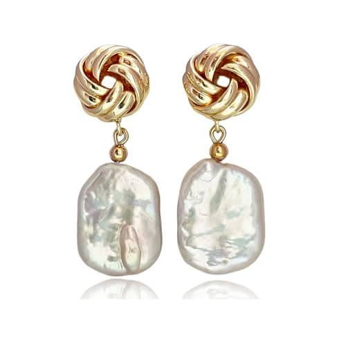 Image of AnnChbpl Baroque pearl earrings for Women cultured freshwater Pearl Stud hoop square statement earrings 14K Gold plated Drop Dangle Jewelry gift