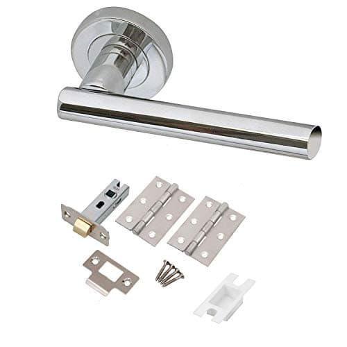 Image of Golden Grace T-Bar Door Handles on Round Rose in Polished Chrome with Hinges and Tubular Latch - 1 Set