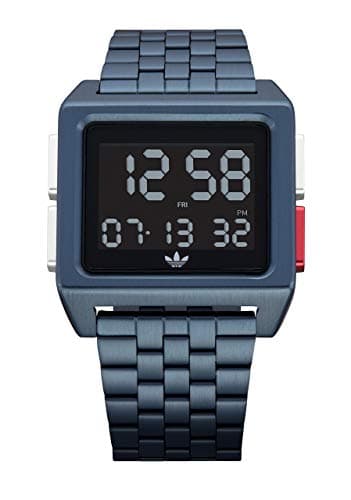 Image of Adidas Watches Archive_M1. Men’s 70’s Style Stainless Steel Digital Watch with 5 Link Bracelet (Navy/Black/Silver/Red. 36 mm).