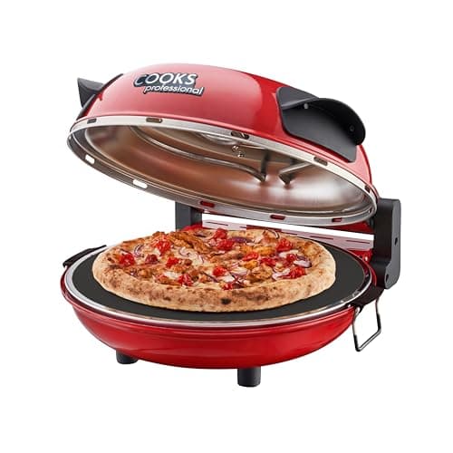 Image of Cooks Professional Electric Pizza Oven with 31cm Stone Base, Glass Window, Timer, Stainless Steel Paddles & Baking Sheet | Energy Efficient Portable Countertop Pizza Maker Machine 1200W | Red