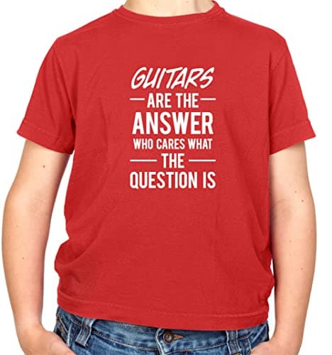 Image of Dressdown Guitars is The Answer Slogan - Childrens/Kids Crewneck T-Shirt - Red - XL (12-14 Years)