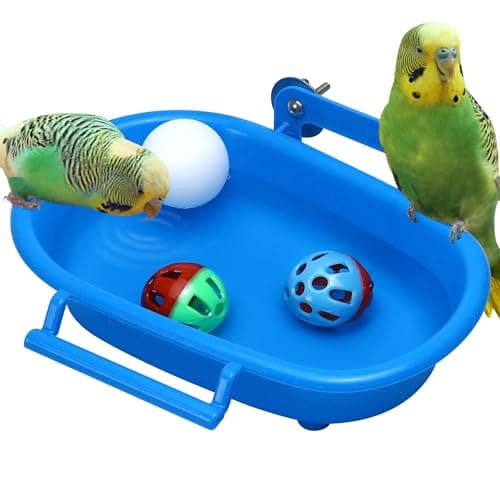 Image of Bird Bath for Cage with 3 Ball Toys Bird Toys Bird Water Bowl Budgie Bath Tub Bird Food Feeder Shower Tray Parrots Bathing Tubs Budgie Toys Accessories for Birds Parakeet Canary Cage Accessories