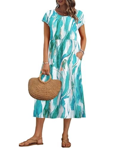 Image of AUSELILY Women's Summer Short Sleeve Long Dresses Shift Midi Plus Size Loose Dress with Pockets, Turquoise Flow Charm 3XL