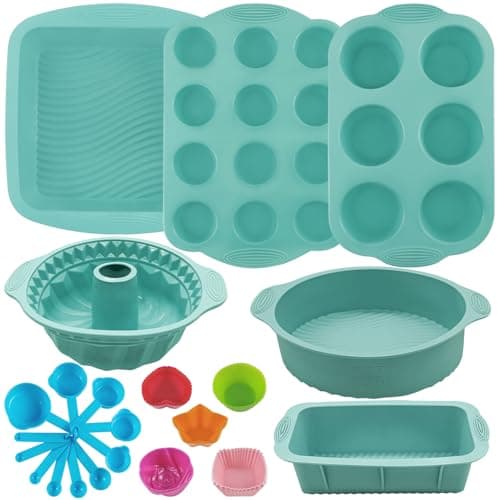 Image of 32PCS Silicone Baking Set, Nonstick Bakeware Set, Baking Cake Pan Cupcake Bread Loaf Muffin Baking Pan with Measuring Cups & Spoons