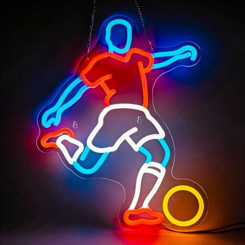 Image of Football Player Neon Lamp - Dimmable LED Night Light, Soccer Party Decor for Bedrooms & Gifts, Red Sports Wall Art, 16.7x13" USB Powered (Passion Red)`