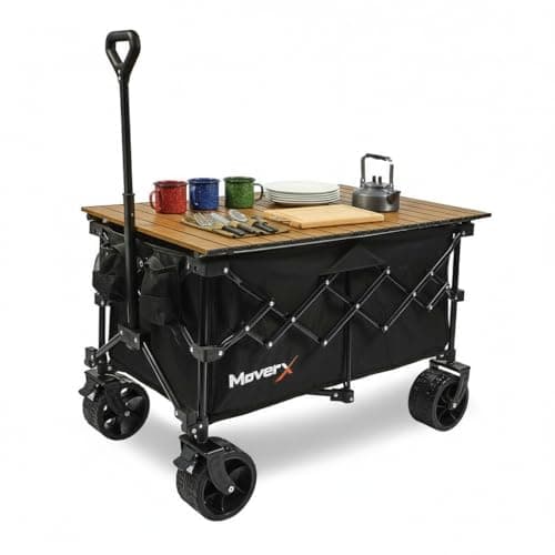 Image of MoverX 200L Camping Trolley on Wheels, Table Folding Wagon, Portable Camping Cart, Foldable Trolly for Festival Beach Outdoor Garden Picnic Shopping Fishing, Wide Wheels, Adjustable Handle, Black