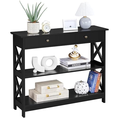 Image of Yaheetech Console Table with Drawer and Storage Shelves, Wooden Console Sofa Table, 3-Tier Hallway Table for Entryway Living Room Bedroom, Easy Assembly, Black