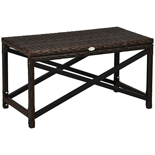 Image of Outsunny Outdoor Coffee Table, Garden PE Rattan Side Table with Plastic Board Under the Full Woven Table Top and X-Shaped Frame for Patio, Balcony, Mixed Brown
