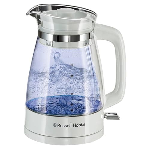 Image of Russell Hobbs Carafe Style 1.7L Cordless Electric Glass Kettle with white handle, lid & base and blue internal illumination (Fast boil, 3KW, Anti-scale filter, Pull off lid, unique glass spout) 26081