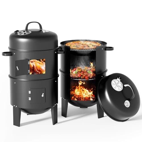 Image of Warmiehomy Round Smoker BBQ Charcoal Barbecues with Temperature Gauge BBQ Charcoal Grill 2 Tier Outdoor for Party Camping, Black(40×40×80cm)