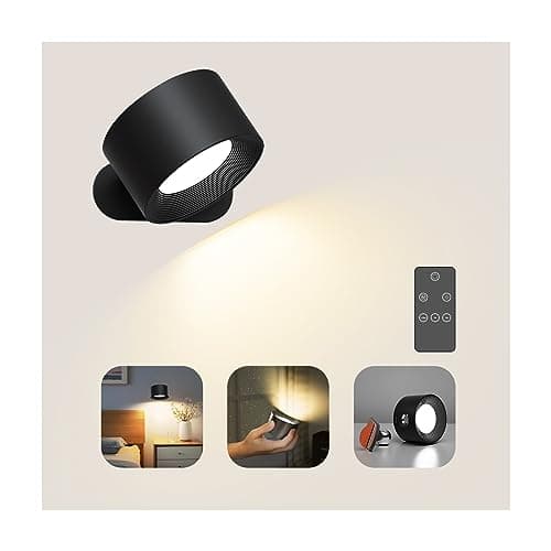 Image of Coollamp Battery Wall Light, Indoor Wall Lamp with Remote/Touch Control, Rechargeable Battery, 3 Color Modes, 3 Dimmings, 360 ° Rotate, LED Wall Sconce for Reading Bedroom Living Room-Black 1PC