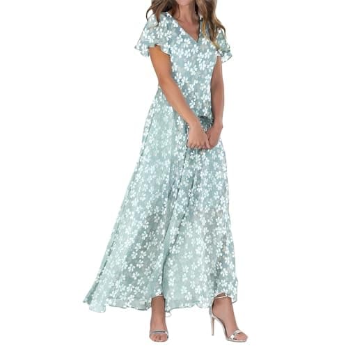 Image of Women's Swing Long Dress Chiffon Floral Pattern Short Sleeve Ruffle V-Neck Fashionable Waist Flowing Dress Dresses, Mint Green, M