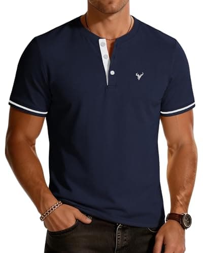 Image of KUYIGO Men's Embroidered Henley T-Shirt Short Sleeve Casual Sports Knit Top L Deep Blue