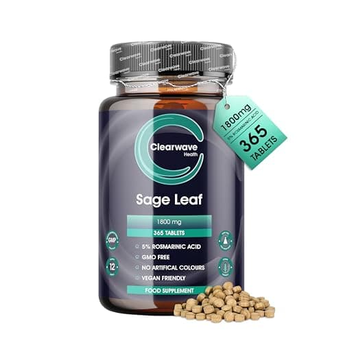 Image of Sage Tablets - 365 Pack - 1 Year Supply - 1800mg High Strength Sage Leaf Tablets - Menopause Support - Vegan - Clearwave Health