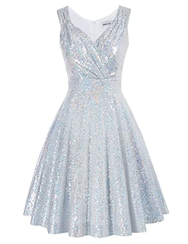 Image of GRACE KARIN Sequins Club Dress 50s Rockabilly Sleeveless A-line Swing Casual Fancy Dress L Sequined Silver White
