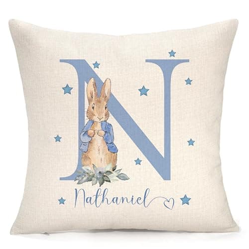 Image of Personalised Blue Peter Rabbit or Flopsy Pink Cushion | Lovely Gift | Custom Cushion | Customised With Any Name & Initial |New Baby Present, 1st Birthday Gift | Pillow/Cushion