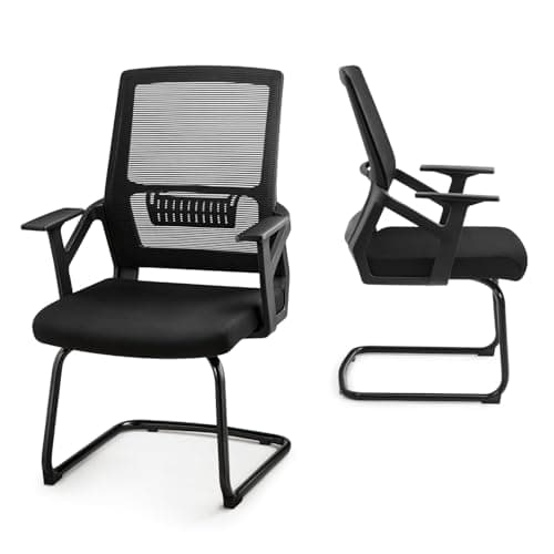 Image of Warmiehomy Meeting Chairs Metal Base Office Guest Chairs with Backrest, Lumbar Support and Armrests, Mesh Conference Chairs Reception Chairs for Waiting Room Meeting Room, Black