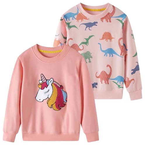 Image of SOIBEEN Girls Sweatshirt Adorable Kids Pullover 2-Pack Unicorn Dinosaur Top Shirt Jumper Crew-neck Long Sleeve Casual Clothes Spring Fall Cotton Hoddie 9-10 Years