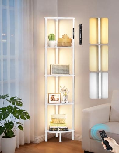 Image of OUTONLIFE LED Floor Lamp with Shelves, Touch & Remote Control, Dimmable Display Shelf with 3 Color Temperature, 1-Hour Timer, Modern Corner Bookshelf for Living Room, Bedroom, Office(White)