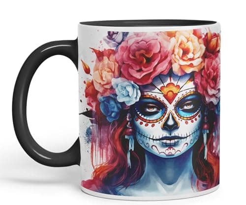 Image of Vixar Sugar Skull and Roses Ceramic Coloured Mug Cup for Tea Coffee Hot Brew 330ml 11Oz Gift sk1 (Black)