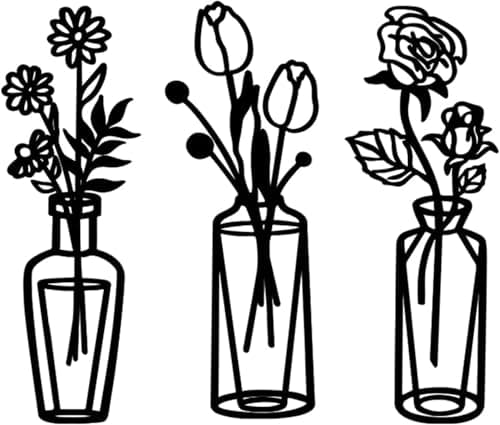 Image of aiyraa 3 PCS Black Metal Flower Wall Art, Abstract Self-Adhesive Vase Wall Decor, Black Acrylic Tulip Rose Daisy Design - Wall Artworks for Living Room, Kitchen, Bedroom, Patio, Balcony