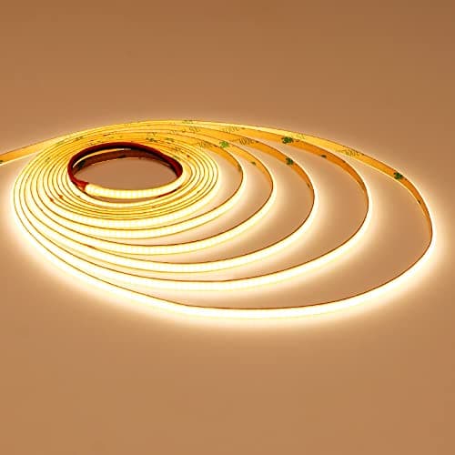 Image of TOPAI 12V Thin 3mm Width COB LED Strip 5M Warm White 3000K Narrow CRI>90 Uniform Dotless 400LEDs/M Self Adhesive Flexible Cuttable LED Tape for DIY, Bedroom, Under Cabinet Lighting