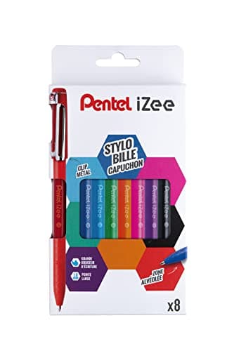 Image of Pentel iZee BX460 Pack of 8 Ballpoint Pens with Metal Clip, 1 mm Wide, Black/Red/Blue/Green/Orange/Pink/Sky Blue/Purple,BX460/8