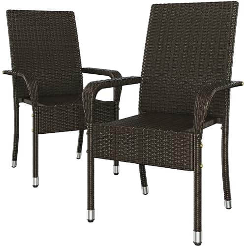 Image of Yaheetech Set of 2 Rattan Stackable Outdoor Garden Chair Lightweight All-Weather w/Armrests for Patio, Backyard, Poolside, 58 x 62.5 x 94.5 cm, Brown