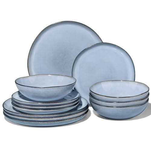 Image of Joyfair Dinner Set, 12 Pieces Stoneware Dinnerware Set Service for 4, Reactive Glaze Irregular Shape Plates and Bowls, Chip & Scratch Resistant, Microwave & Dishwasher Safe, Lakeside Mist Blue