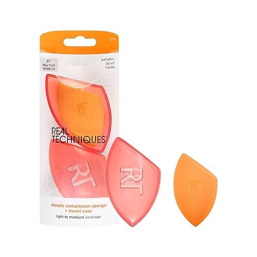 Image of Real Techniques Miracle Complexion Sponge with Travel Case, Latex-Free, Vegan, for Foundation, Cream, Skin Tint, Illuminator, Dewy Finish, Easy to Clean (Packaging and Colour May Vary)