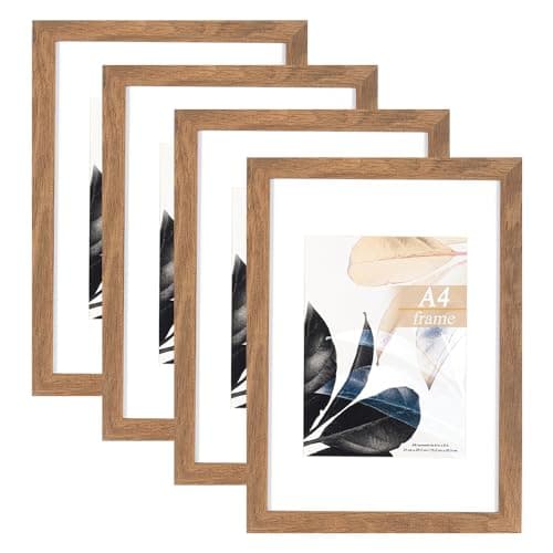 Image of Brown Wooden A4 Picture Frame with Mount,Set of 4,A4 Poster Frame,Freestanding and Wall Mountable