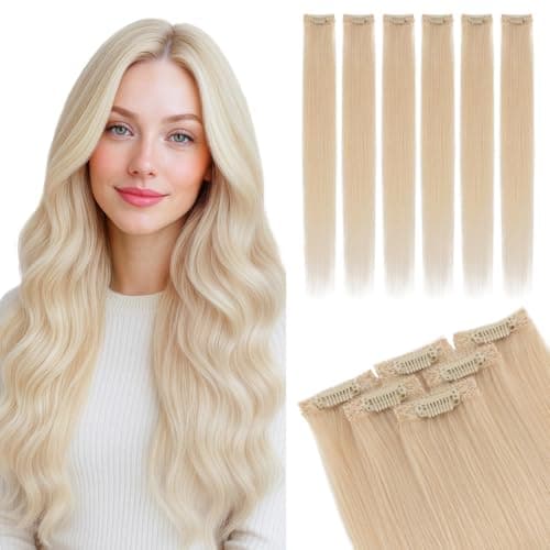 Image of SEGO Pro Clip in Hair Extension Real Human Hair Lace Weft - 6pcs 18 Inch 44g Hair Extension Clip ins for Women, #60R Platinum Blonde
