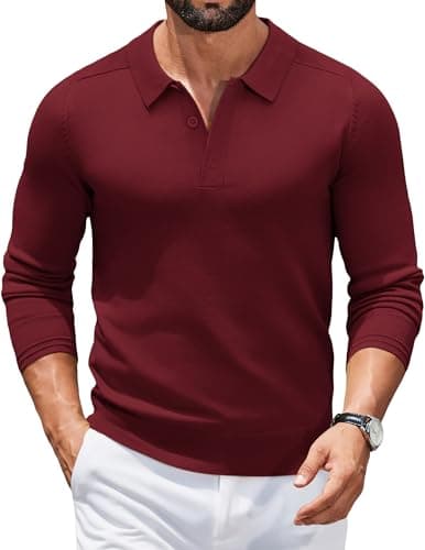 Image of COOFANDY Men's Polo Jumpers Long Sleeve Poloshirts Knitted Winter Sweater Polo Pullover Sweatshirt Casual Wine Red XL
