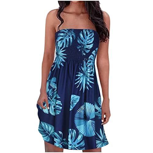 Image of Bandeau Dresses for Women UK Sale Clearance Summer Casual Midi Dress Strapless Sleeveless Breast Wrap Dresses Ladies Ruffle Bohemian Flowy Holiday Beach Dresses Floral Print Boho Beach Dresses