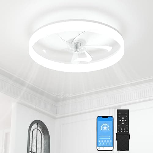 Image of SUNKENET Ceiling Fans with Lights and Remote, 50cm LED Fan Ceiling Light, 3000K-6500K Dimmable Smart Ceiling Fan Light, 6 Wind Speeds & Reversible, White Modern Fan Light Ceiling for Bedroom