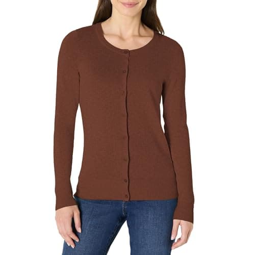 Image of Amazon Essentials Women's Lightweight Crewneck Cardigan Jumper (Available in Plus Size), Brown, S
