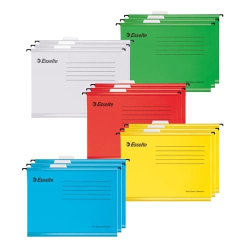 Image of Esselte A4 Reinforced Filing Cabinet Suspension File, Pack 15, with Tabs and Card Inserts, fits Standard A4 Filing Cabinet (31.5 x 24cm) - Home, Office, School Organisation, Assorted Colours, 628808