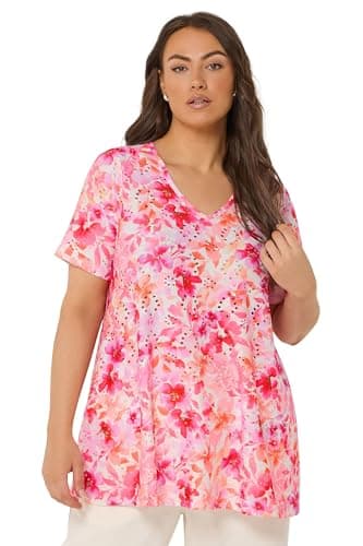 Image of Yours Curve Floral Print Broderie Anglaise Top - Women's - Plus Size Curve Pink