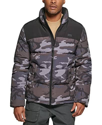 Image of Levi's Men's Arctic Cloth Retro Bubble Puffer Jacket, Grey Camo Tonal Logo, XL