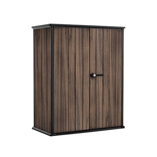 Image of Keter Signature 1400L High Store – Premium Vertical Outdoor Storage Cabinet | Rosewood Wood‑Effect | Secure, Weather‑Resistant & Easy Assembly