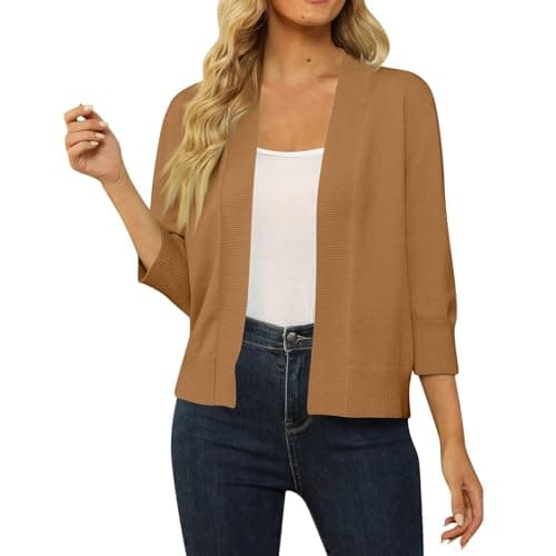 Image of Black Cropped Cardigan Tops for Women's 3/4 Sleeve Short Cardigan Sweater Autumn Casual Tops Solid Colour Loose Comfy Knitted Clothes 01-Camel L