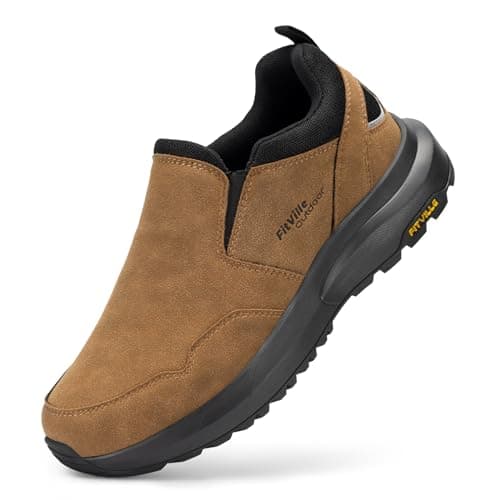 Image of FitVille Extra Wide Slip-On Trainers for Men Comfortable Outdoor Walking Hiking Shoes, Foot Pain Relief X-Wide 12 UK Dune Brown