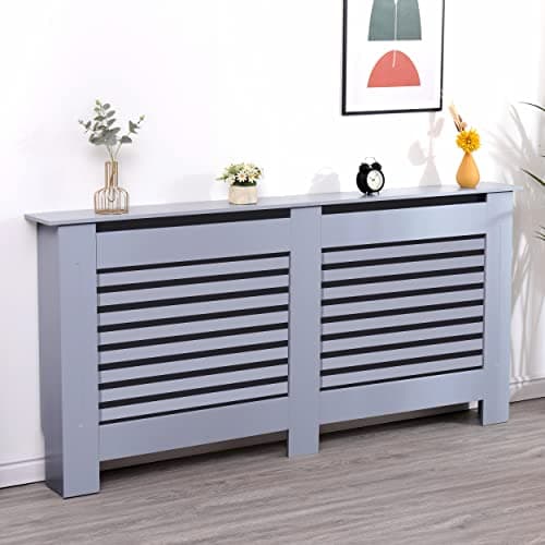 Image of Radiator Cover Extra Large, Radiator Cover Modern Slatted Grey Painted MDF Wood Radiator Heating Cover Horizontal Slat Cabinet Shelf Living Room Furniture (H 82 x W 172 x D 19 CM)
