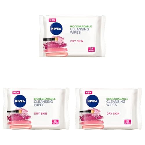 Image of NIVEA 3in1 Caring Cleansing Wipes Dry Skin (25 Wipes), Plant-Based Makeup Remover Wipes, Face Wipes for Dry Skin, Gentle yet Effective Makeup Removal (Pack of 3)